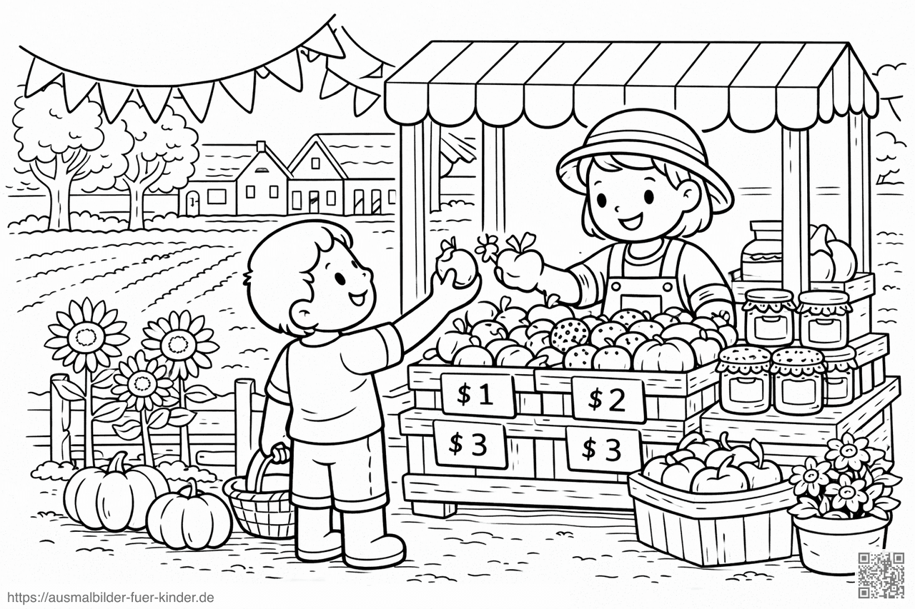 Bauernmarkt mit frischen Erzeugnissen - Ausmalbild
