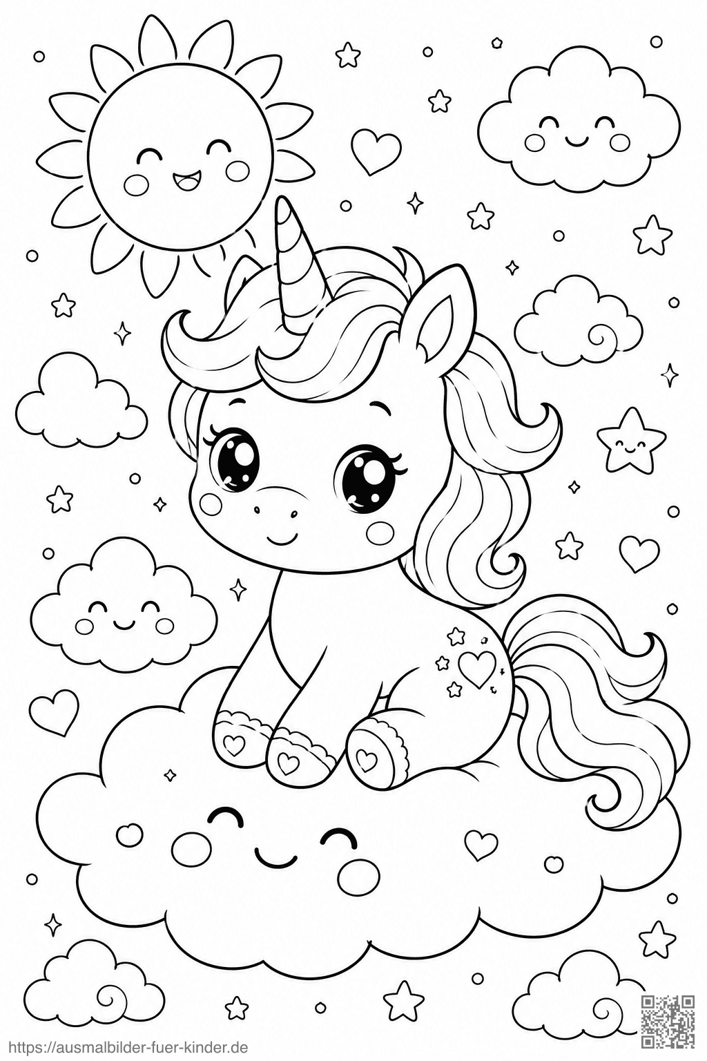 Kawaii Einhorn auf einer Wolke - Ausmalbild