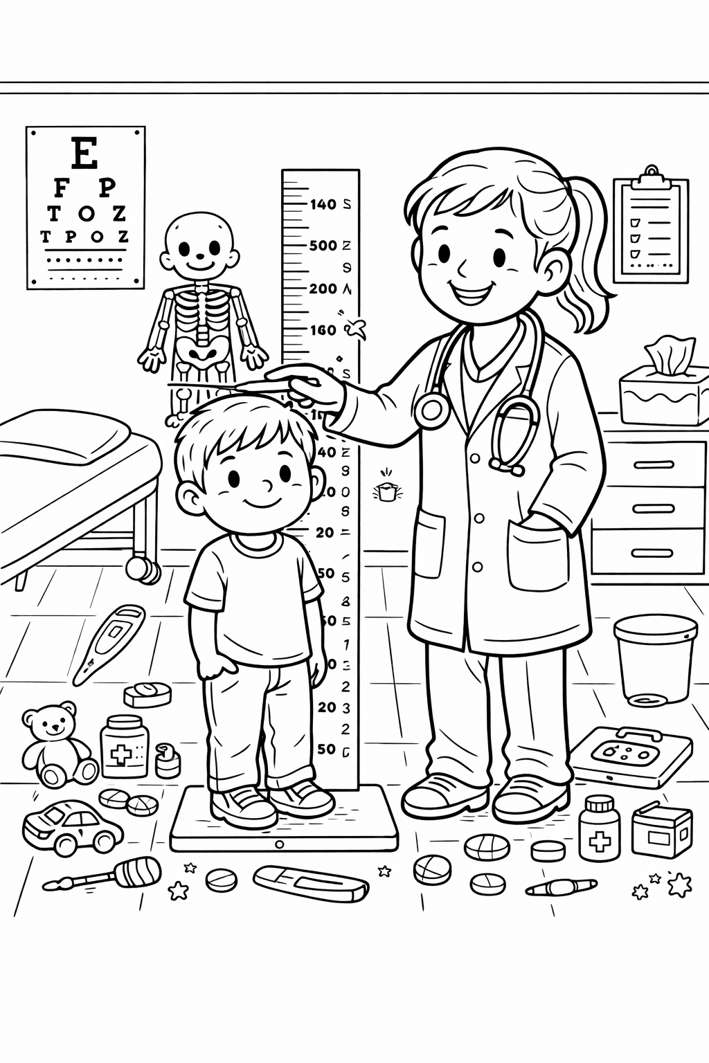 Ärztin misst die Größe eines Kindes - Ausmalbild