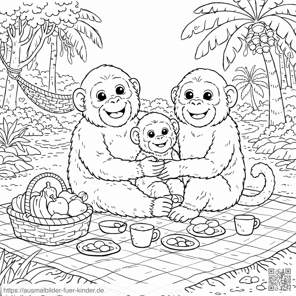 Affenfamilie beim Picknick im Dschungel - Ausmalbild