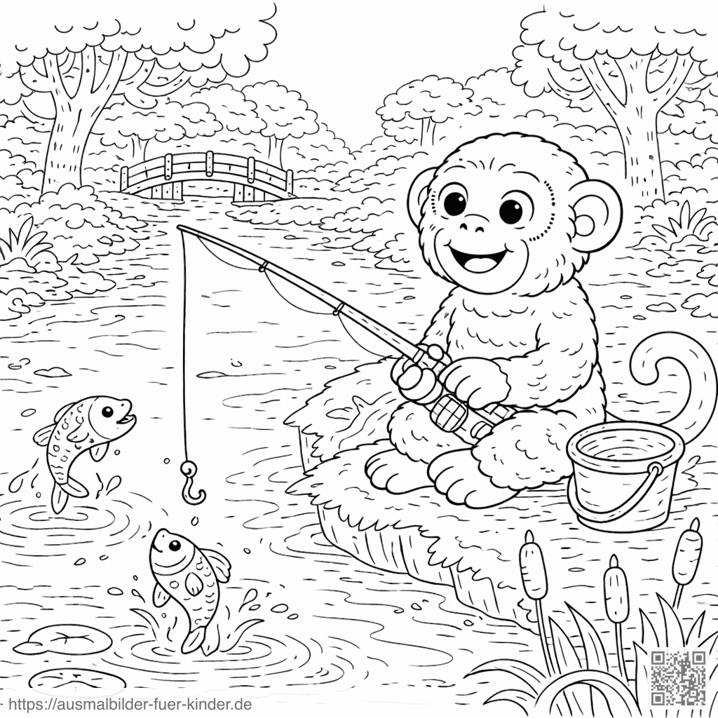 Affe angelt am Flussufer - Ausmalbild Affe angelt am Flussufer - Ausmalbild