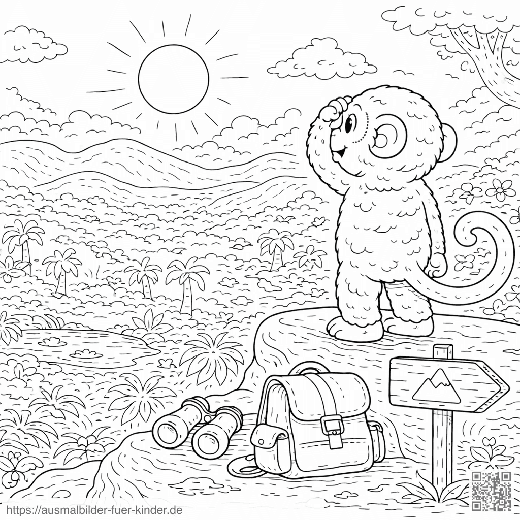 Affe auf Felsen mit Blick auf Dschungel - Ausmalbild Affe auf Felsen mit Blick auf Dschungel - Ausmalbild