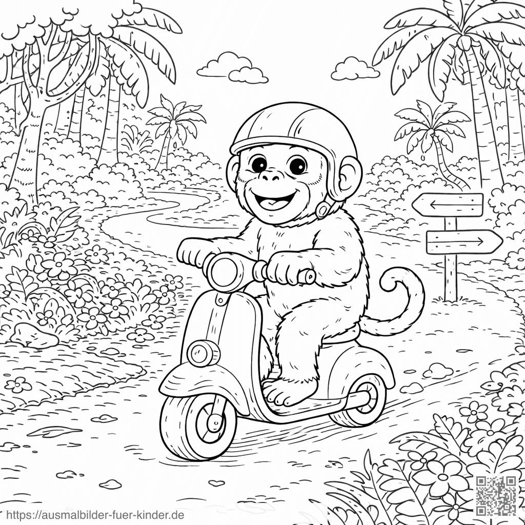 Affe auf Scooter im Dschungel - Ausmalbild