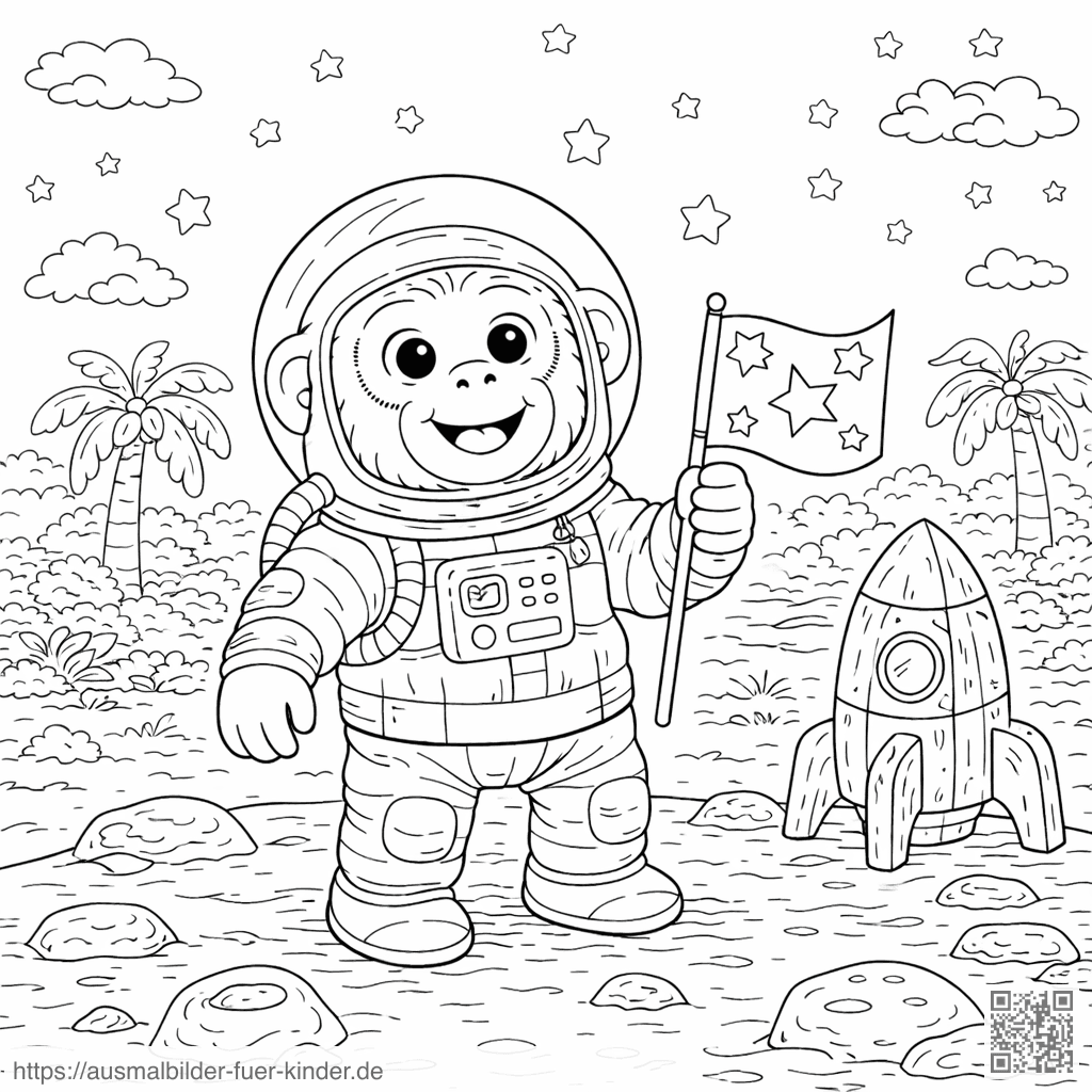 Affe auf dem Mond mit Rakete - Ausmalbild