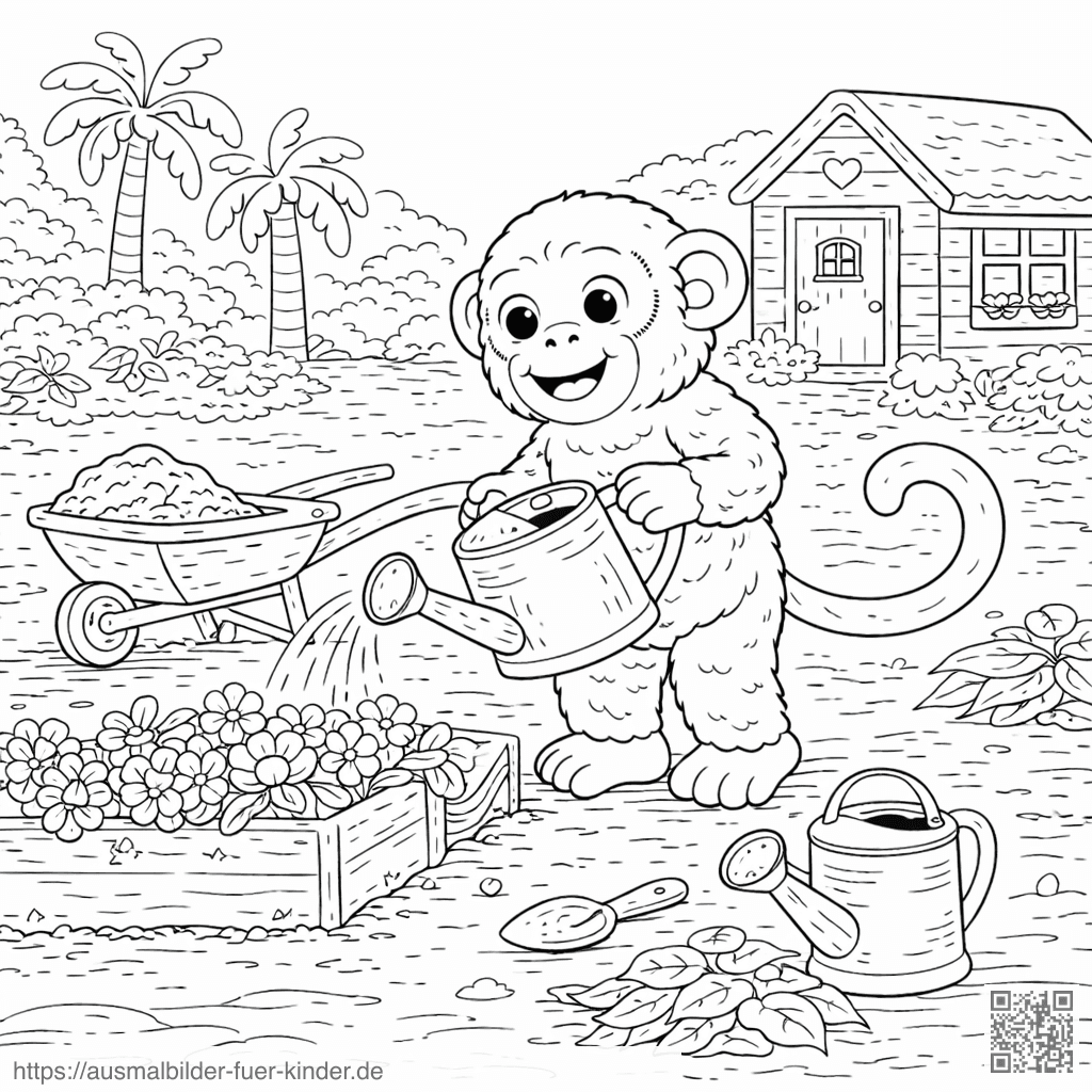 Affe gießt Blumen im Garten - Ausmalbild