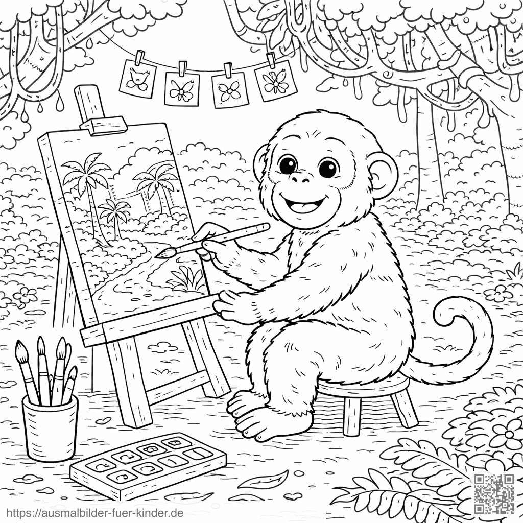 Affe malt im Dschungel - Ausmalbild