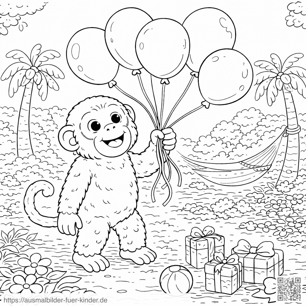 Affenfreude mit Ballons und Geschenken - Ausmalbild