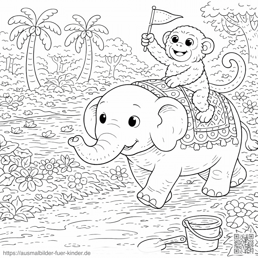 Elefant und Affe auf Dschungelpfad - Ausmalbild Elefant und Affe auf Dschungelpfad - Ausmalbild