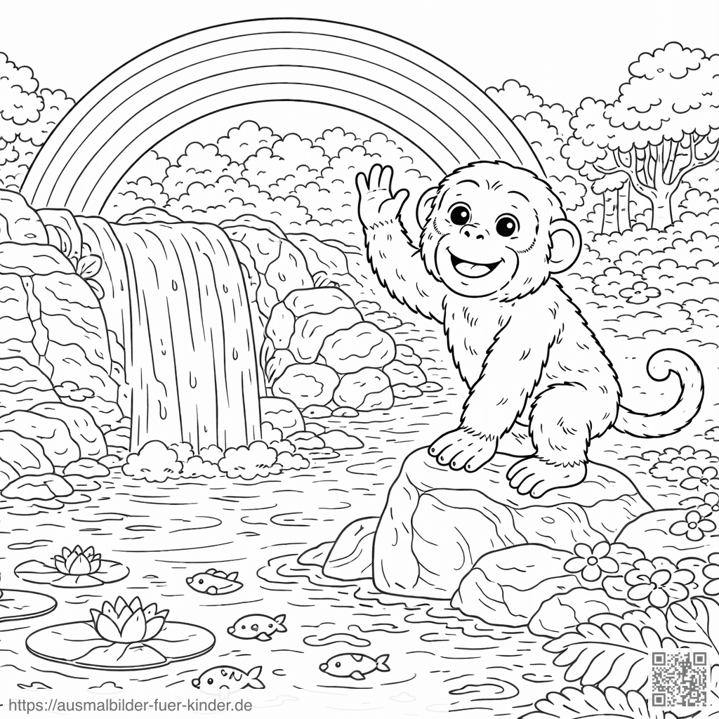 Fröhlicher Affe am Wasserfall mit Regenbogen - Ausmalbild