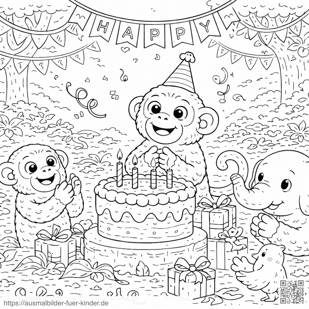 Geburtstagsfeier im Dschungel - Ausmalbild Geburtstagsfeier im Dschungel - Ausmalbild