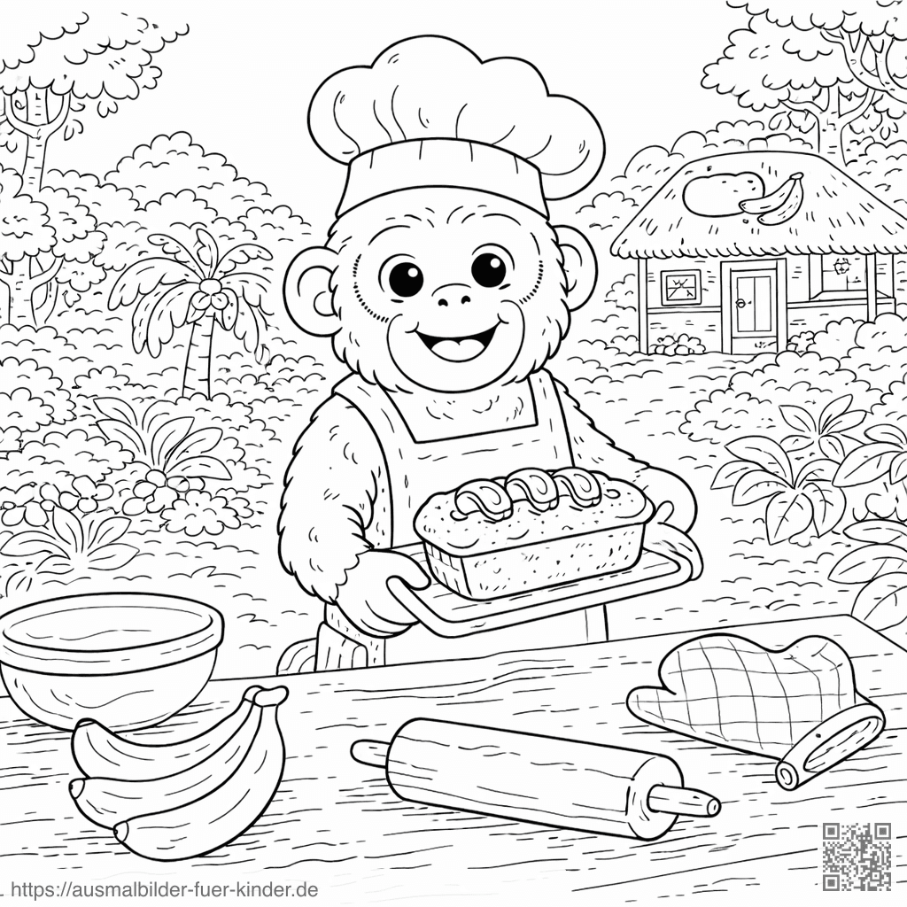 Lustiger Affe mit Bananenbrot - Ausmalbild