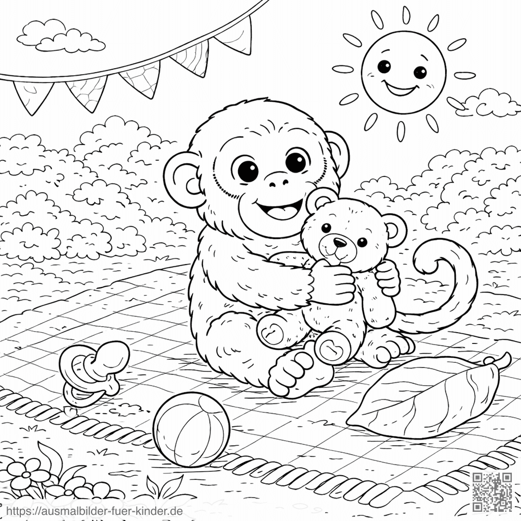 Lustiges kleines Äffchen mit Stofftier - Ausmalbild