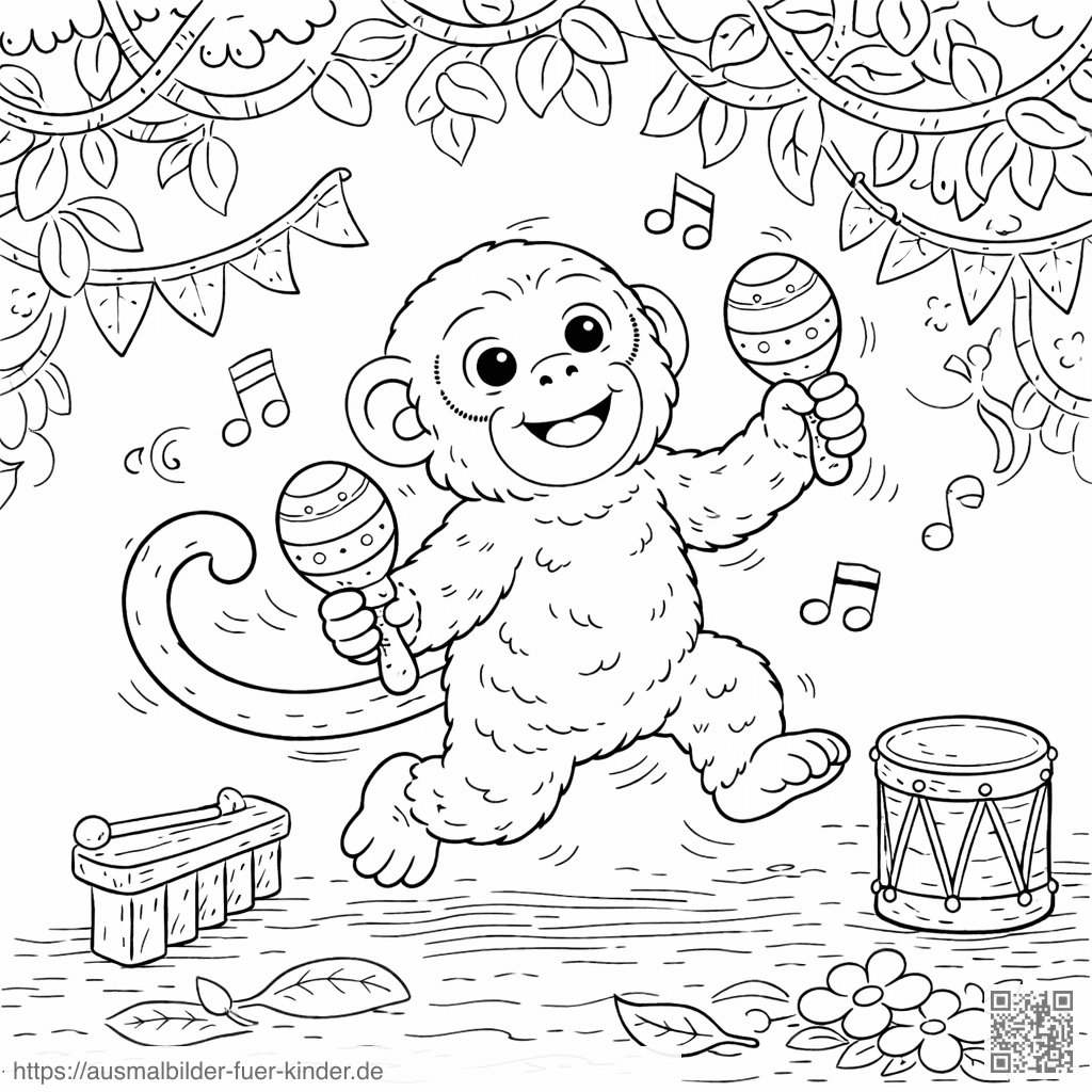 Tanzender Affe mit Maracas im Dschungel - Ausmalbild
