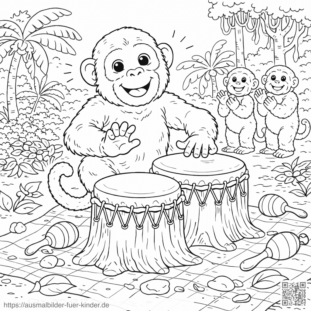 Trommelspielender Affe im Dschungel - Ausmalbild