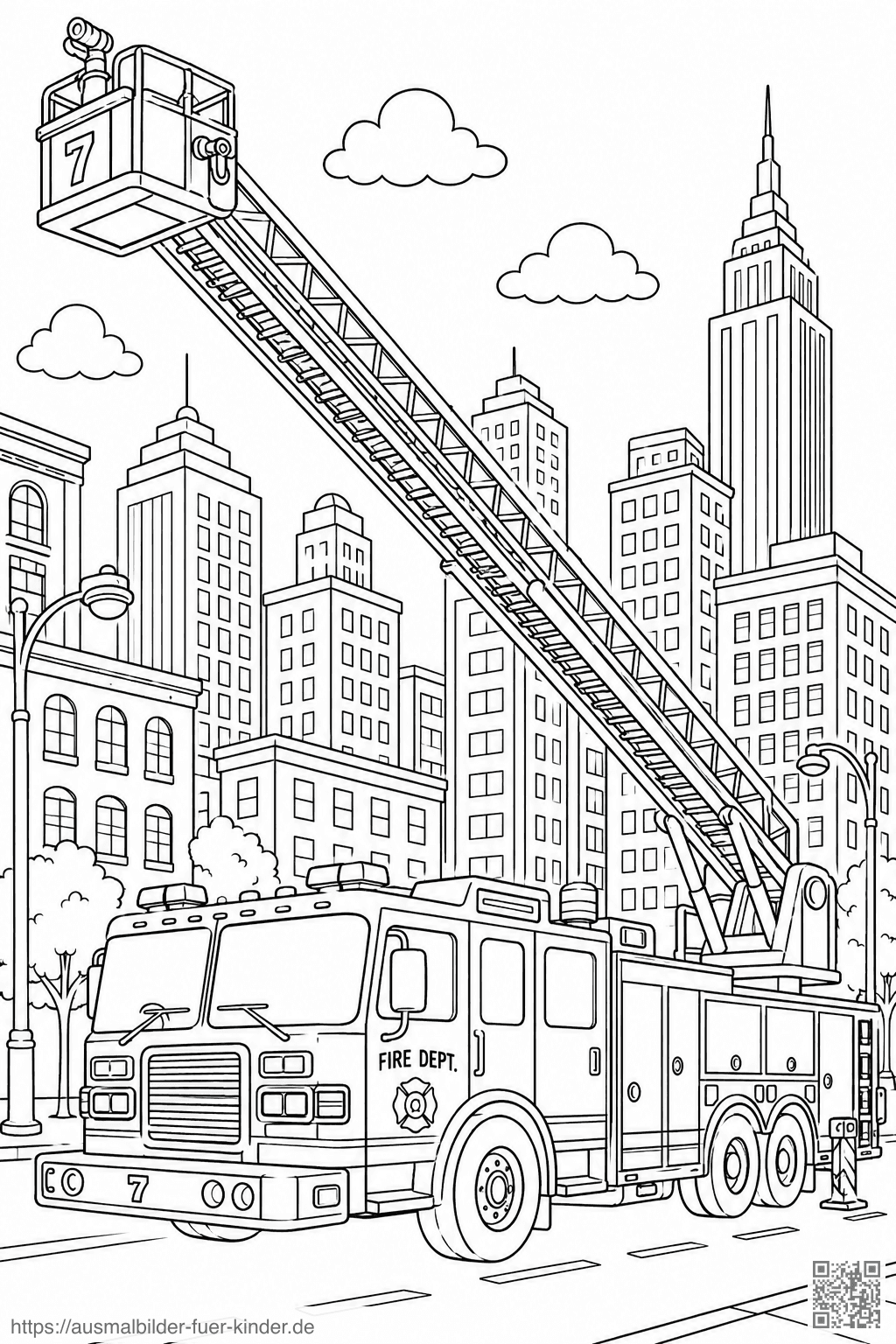 Amerikanischer Ladder Truck mit großer Drehleiter Ausmalbild - Ausmalbild