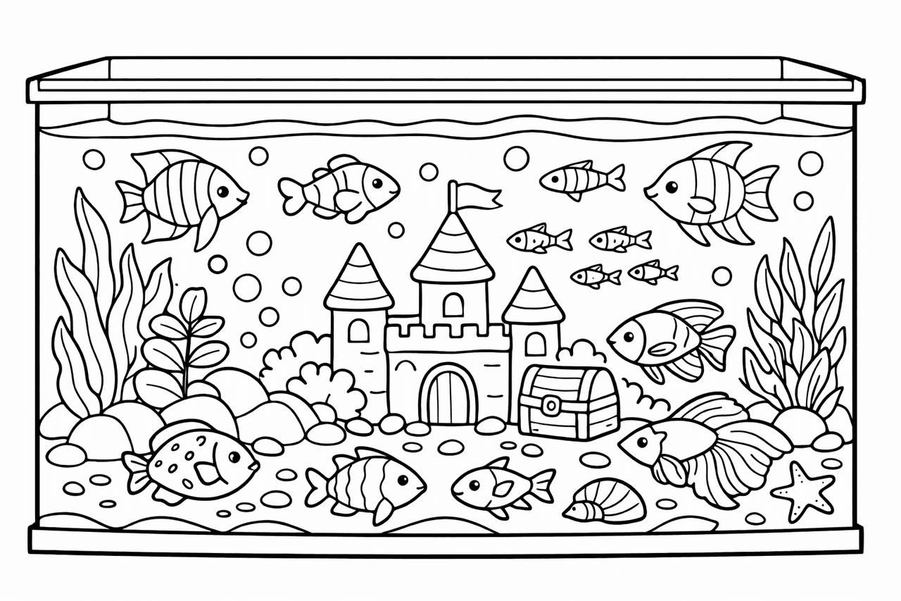Aquarium mit Schloss und Fischen - Ausmalbild