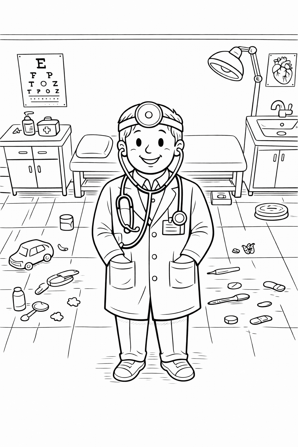 Arzt im Untersuchungsraum aus Vogelperspektive - Ausmalbild