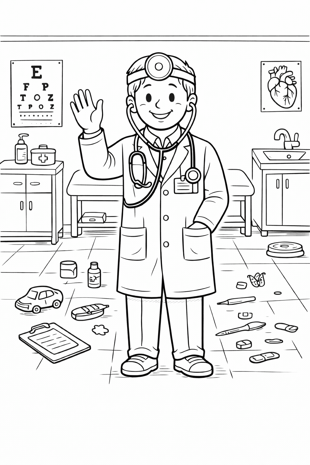 Arzt in Untersuchungslocation mit Details - Ausmalbild