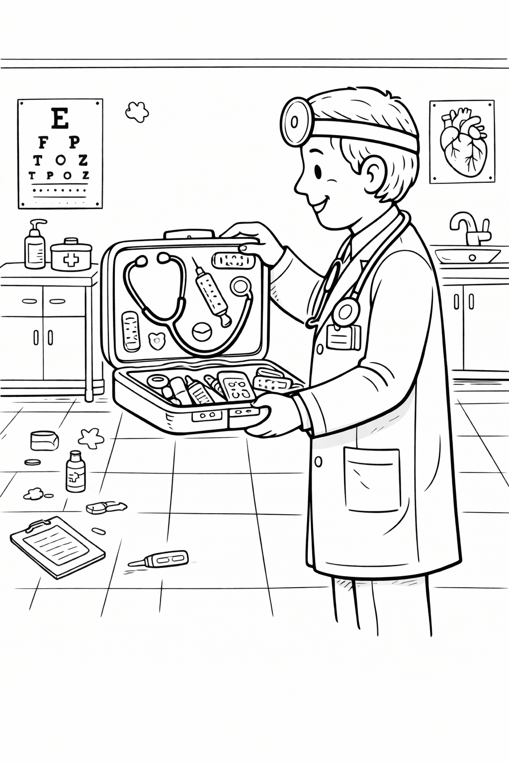Arzt mit öffnendem Medizinkoffer - Ausmalbild