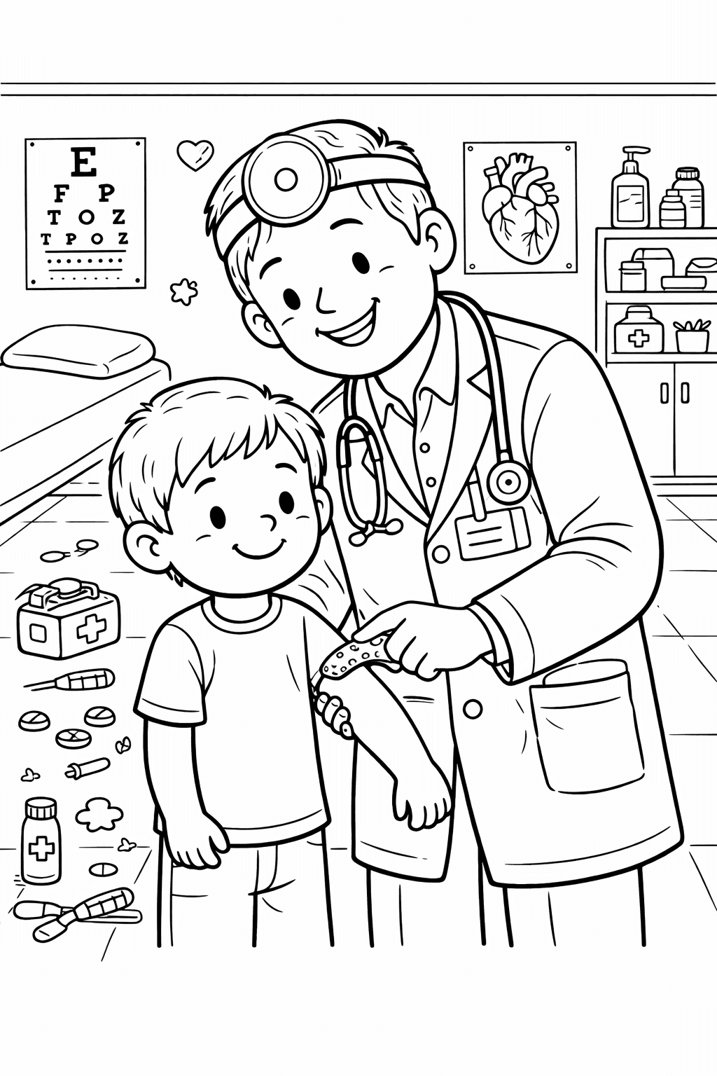 Arzt verbindet den Arm des Jungen - Ausmalbild