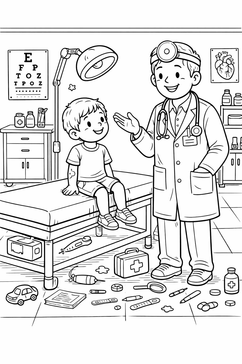 Arztbesuch im Kinderarztzimmer - Ausmalbild