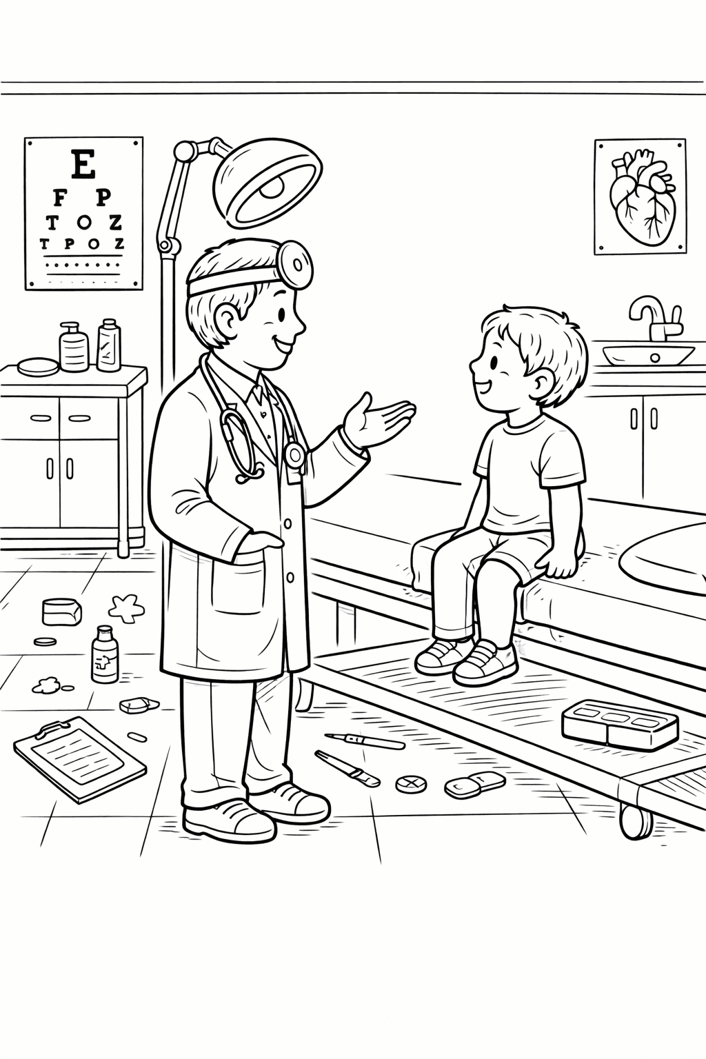 Arztgespräch im Untersuchungszimmer - Ausmalbild
