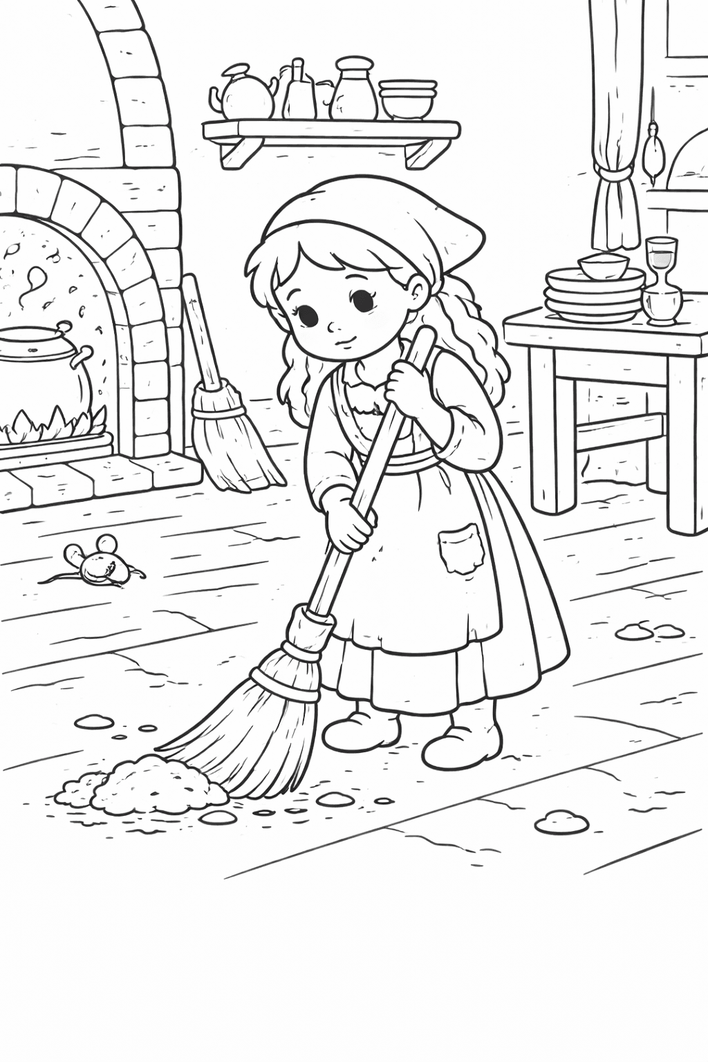 Aschenputtel beim Fegen in der Küche - Ausmalbild