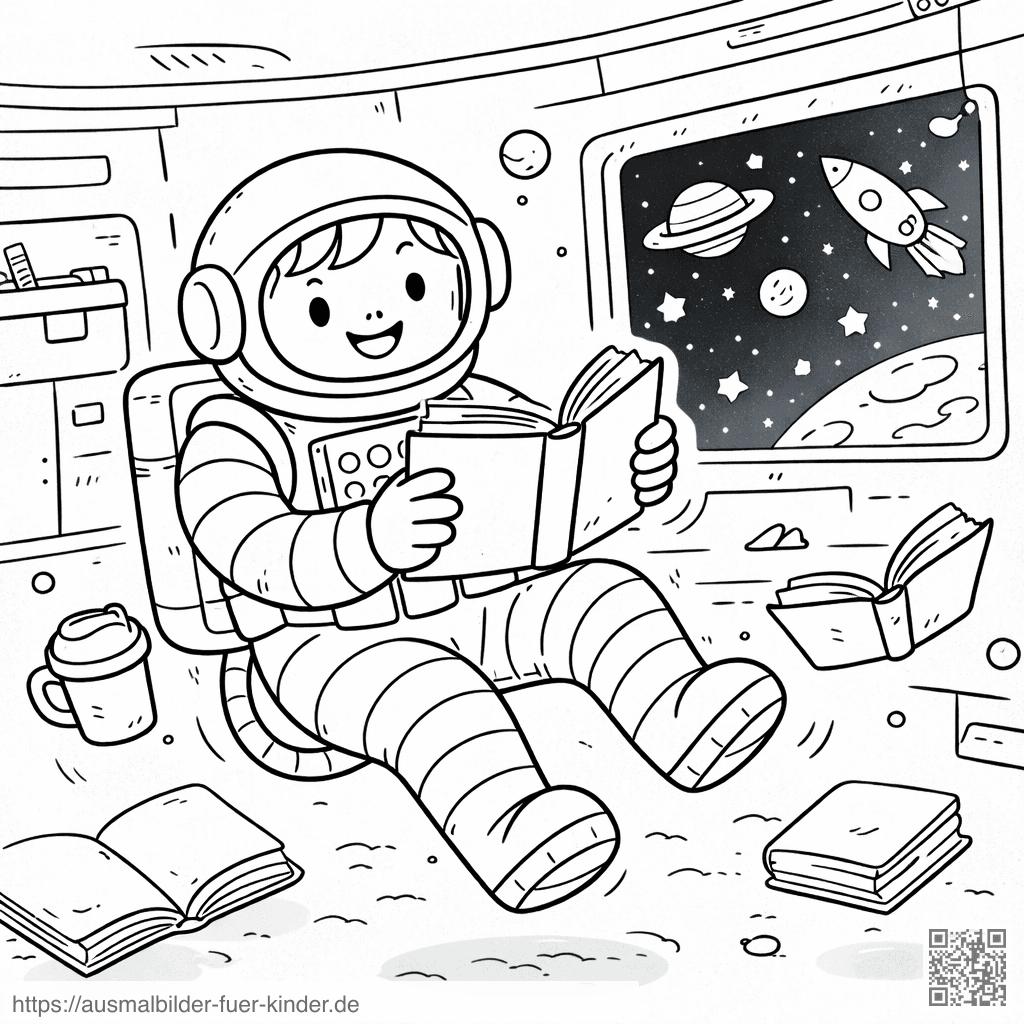 Astronaut liest im All schwebend - Ausmalbild