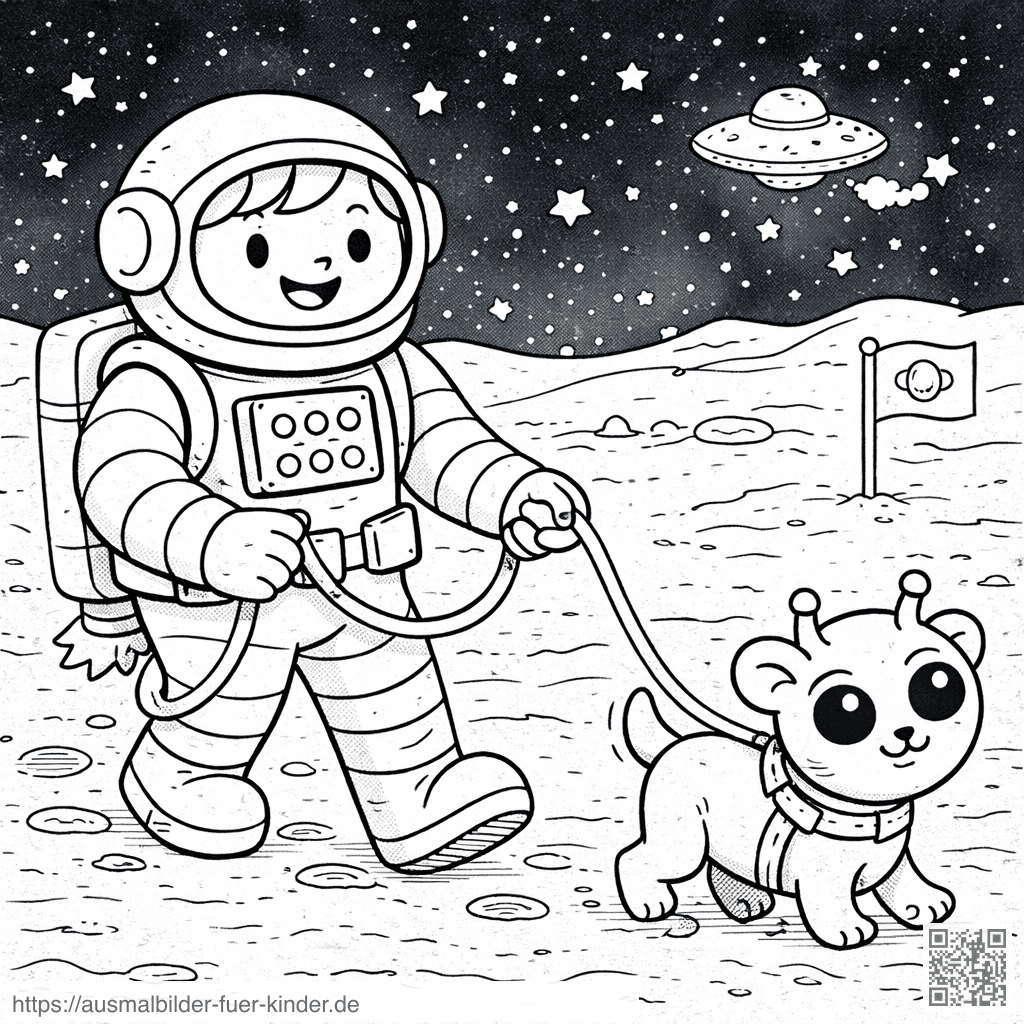Astronaut mit außerirdischem Hund auf dem Mond - Ausmalbild