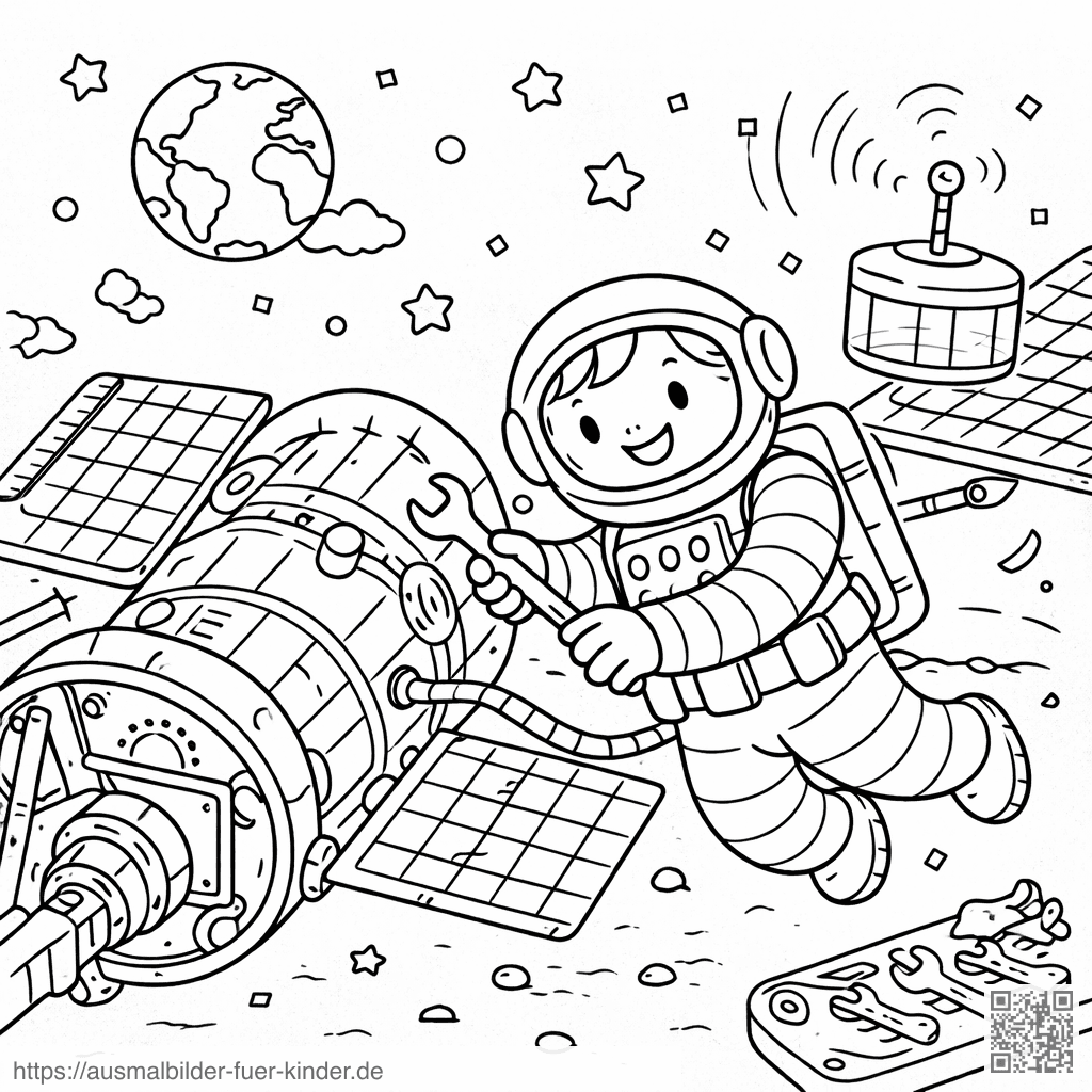 Astronaut repariert Satellit im Weltraum - Ausmalbild Astronaut repariert Satellit im Weltraum - Ausmalbild