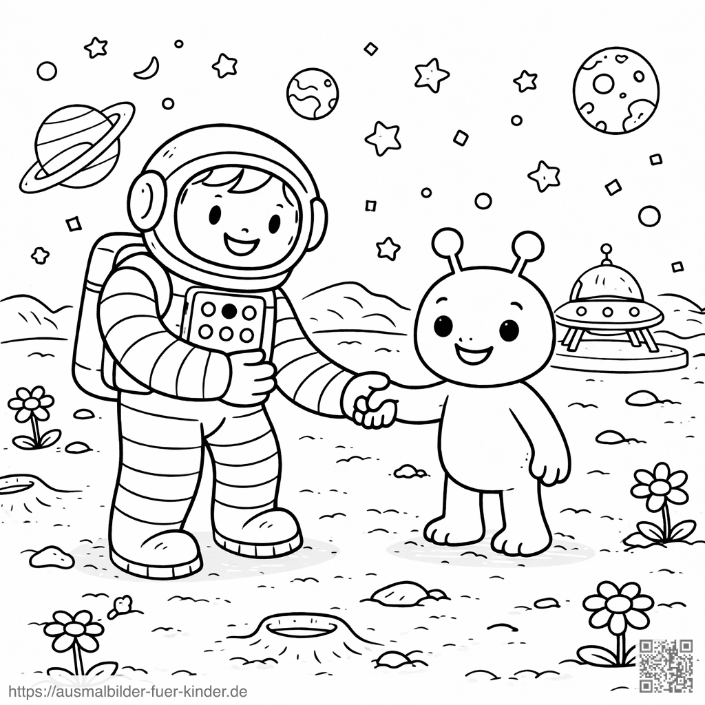 Astronaut und Alien auf fremdem Planeten - Ausmalbild Astronaut und Alien auf fremdem Planeten - Ausmalbild