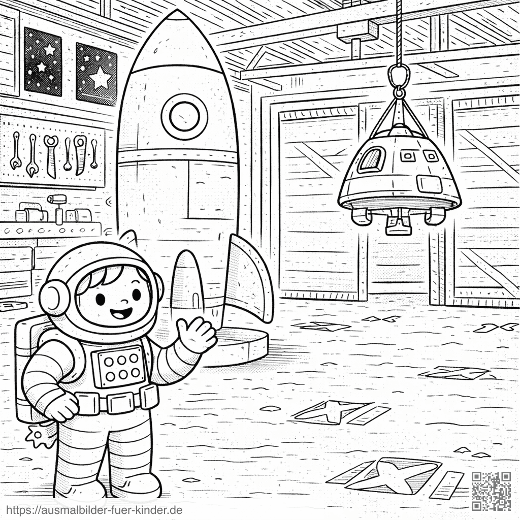 Astronaut und Rakete im Hangar - Ausmalbild