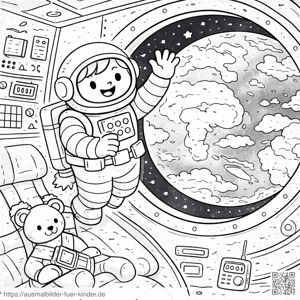 Astronaut und Teddybär im All - Ausmalbild