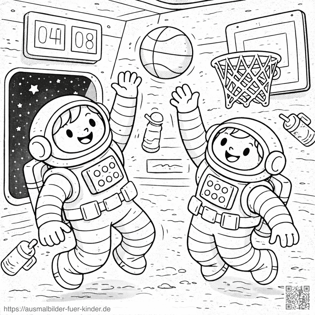Astronauten spielen Basketball im All - Ausmalbild
