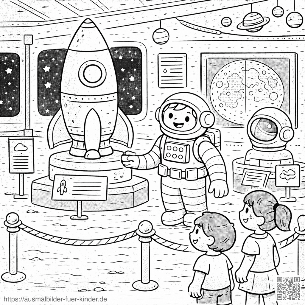 Astronauten und Kinder im Raumfahrtmuseum - Ausmalbild