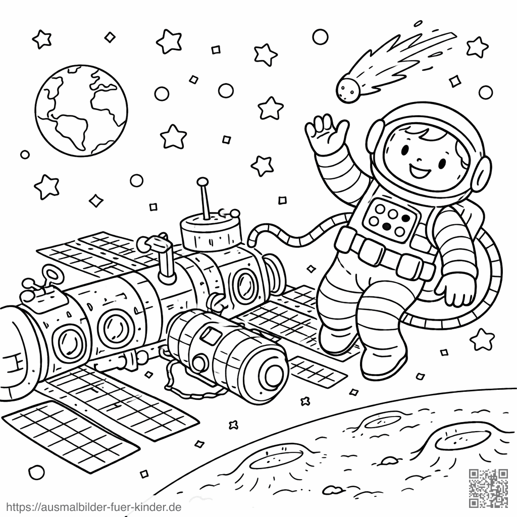Fröhlicher Astronaut im Weltraum - Ausmalbild Fröhlicher Astronaut im Weltraum - Ausmalbild