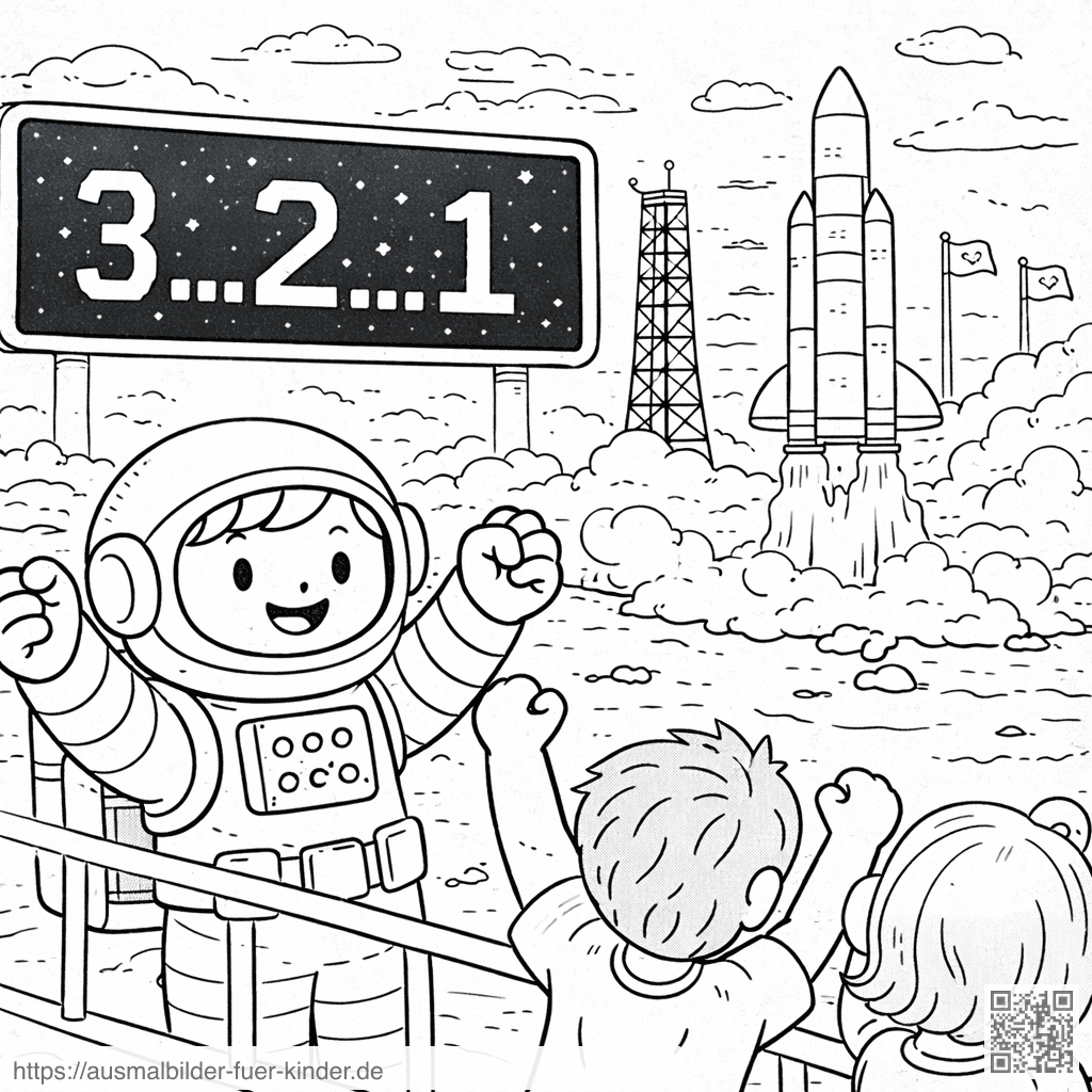 Raketenstart mit Astronaut und Kindern - Ausmalbild