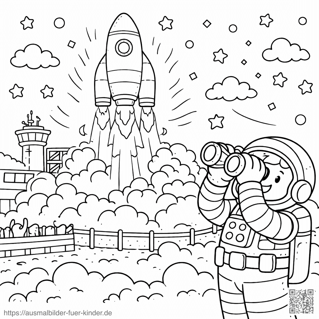 Raketenstart mit aufgeregtem Astronauten - Ausmalbild Raketenstart mit aufgeregtem Astronauten - Ausmalbild
