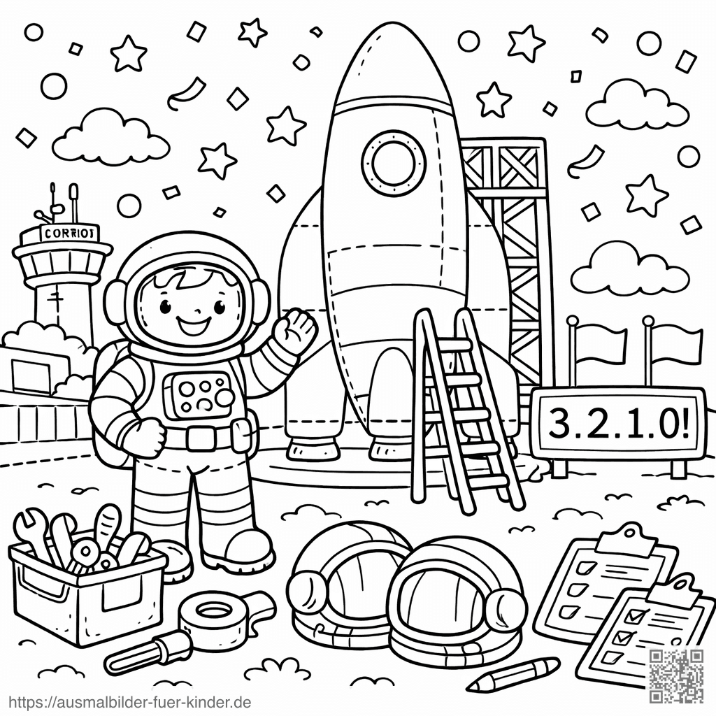 Raketenstart mit fröhlichem Astronauten - Ausmalbild Raketenstart mit fröhlichem Astronauten - Ausmalbild