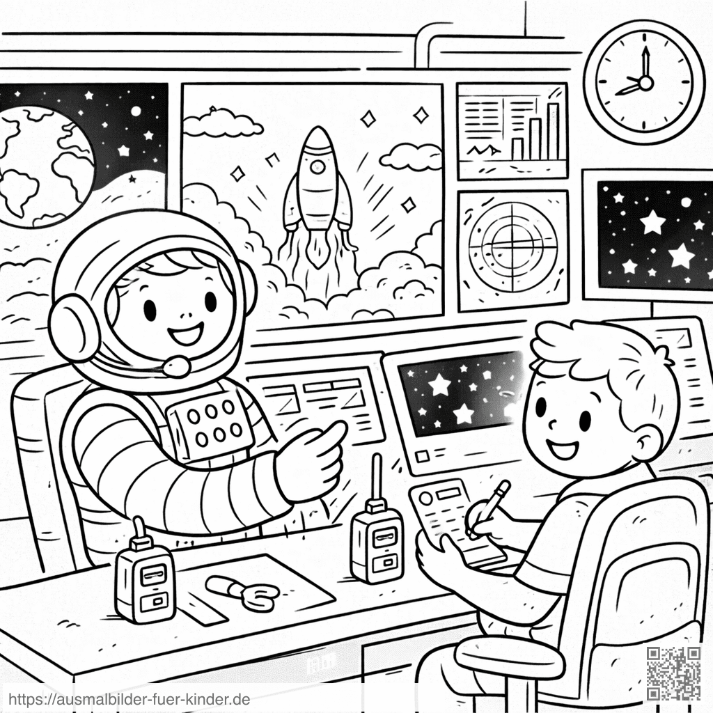 Raumfahrtkontrollzentrum mit Astronaut und Kind - Ausmalbild