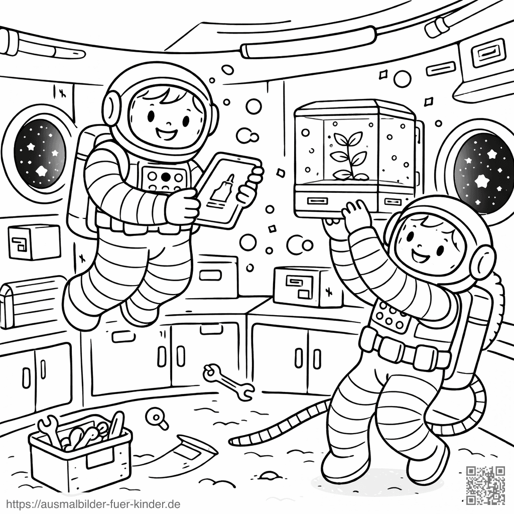 Schwebende Astronauten in der Raumstation - Ausmalbild Schwebende Astronauten in der Raumstation - Ausmalbild