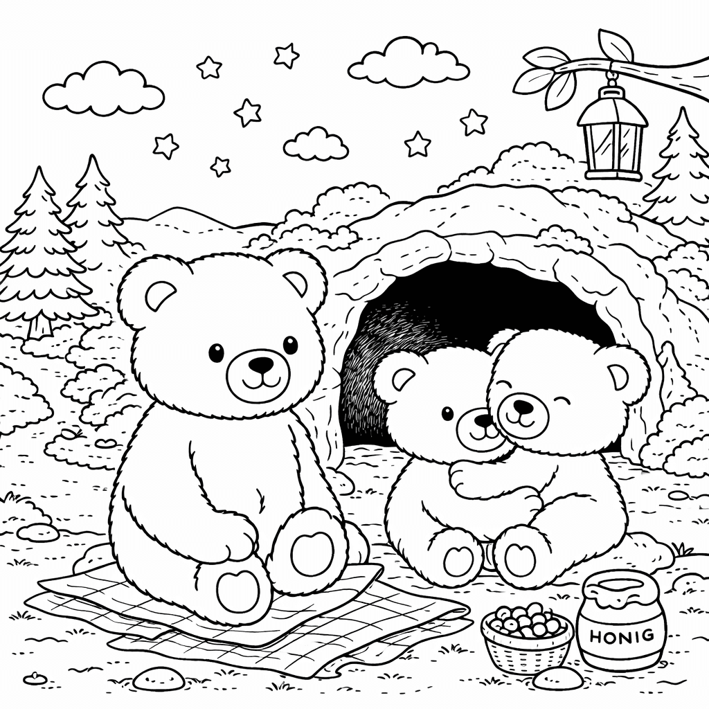 Bär Familie vor der Höhle - Ausmalbild