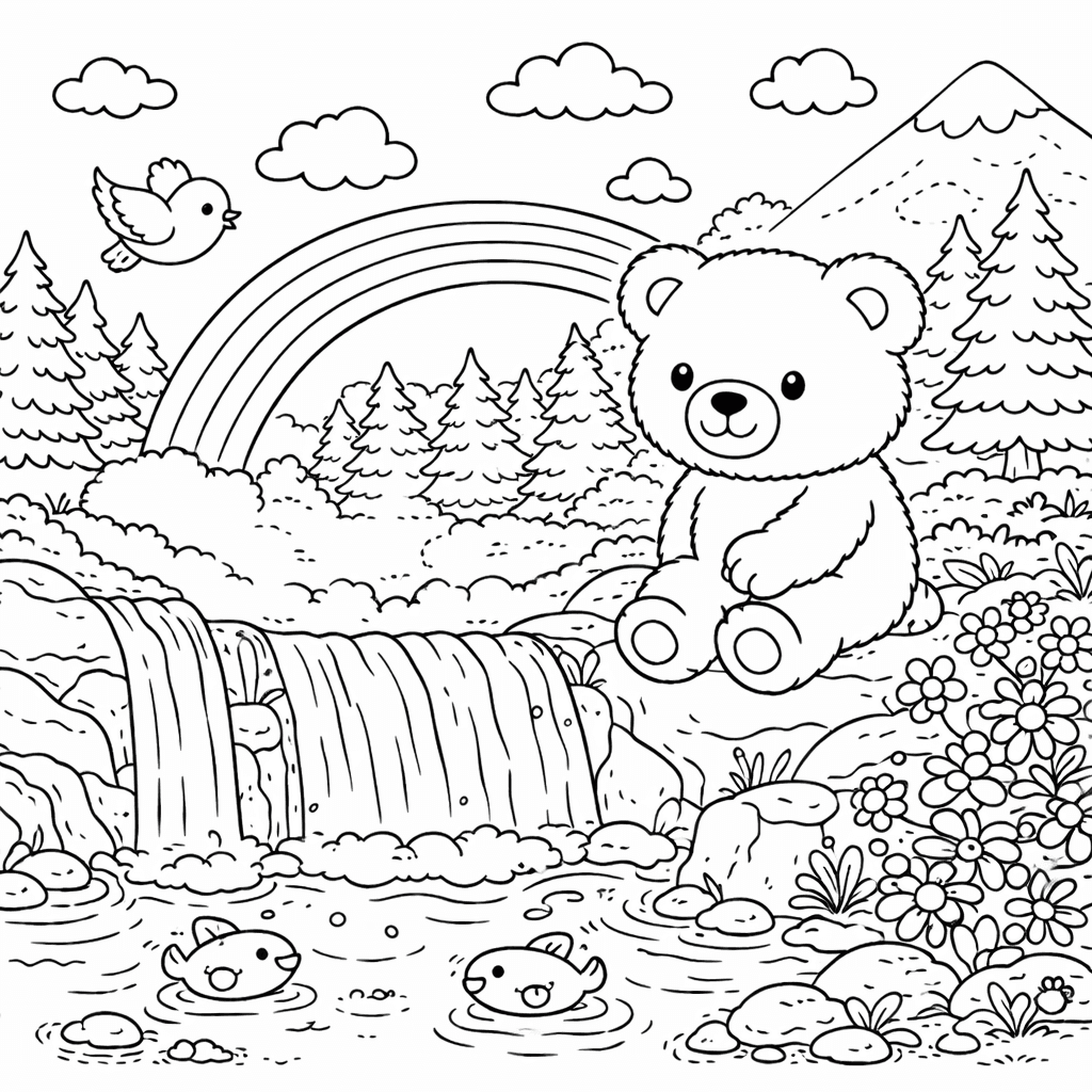 Bär am Wasserfall mit Regenbogen - Ausmalbild