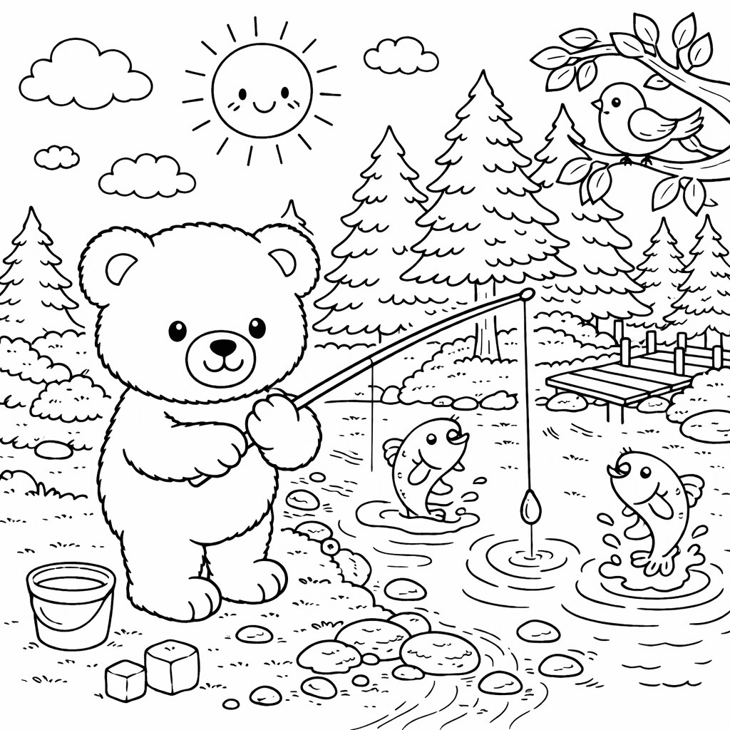 Bär angelt am Waldbach - Ausmalbild