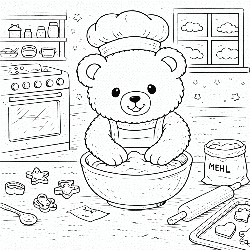 Bär backt in der Küche - Ausmalbild