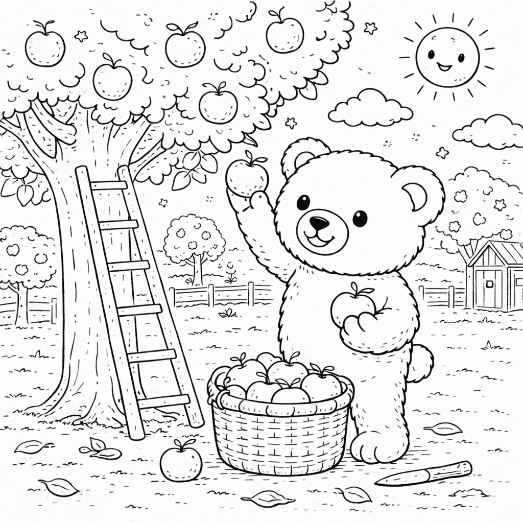 Bär beim Apfelpflücken im Obstgarten - Ausmalbild Bär beim Apfelpflücken im Obstgarten - Ausmalbild