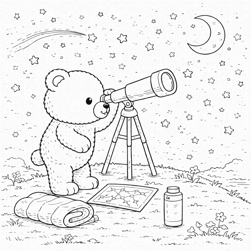 Bär beim Sternenhimmel beobachten - Ausmalbild
