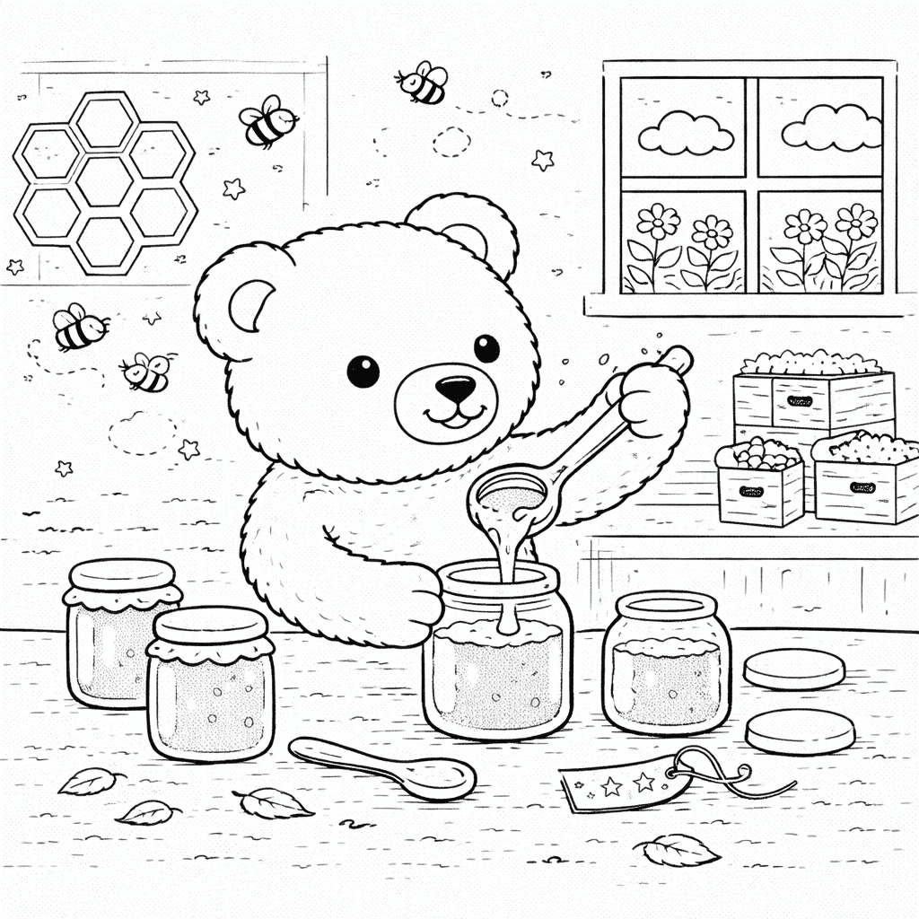 Bär im Honigladen füllt Gläser - Ausmalbild Bär im Honigladen füllt Gläser - Ausmalbild