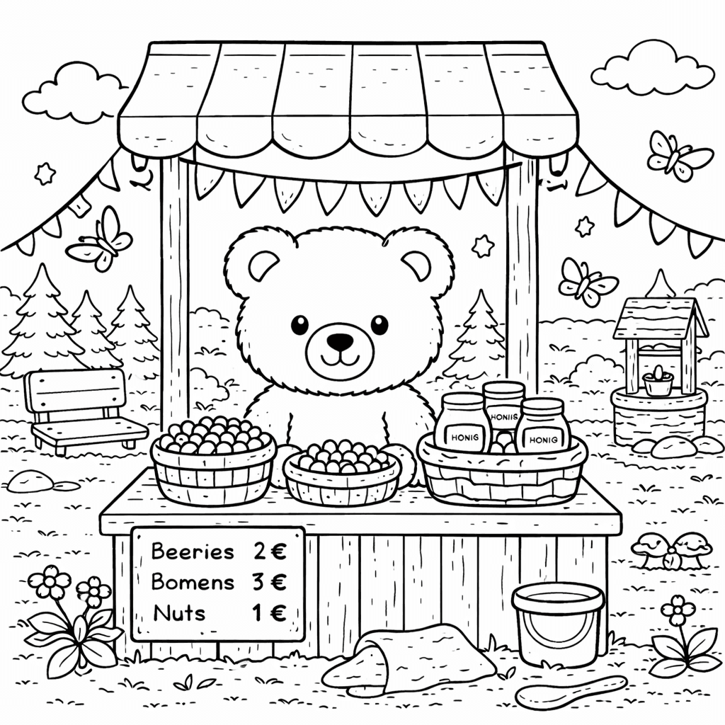 Bär im Waldmarkt mit Honig und Beeren - Ausmalbild