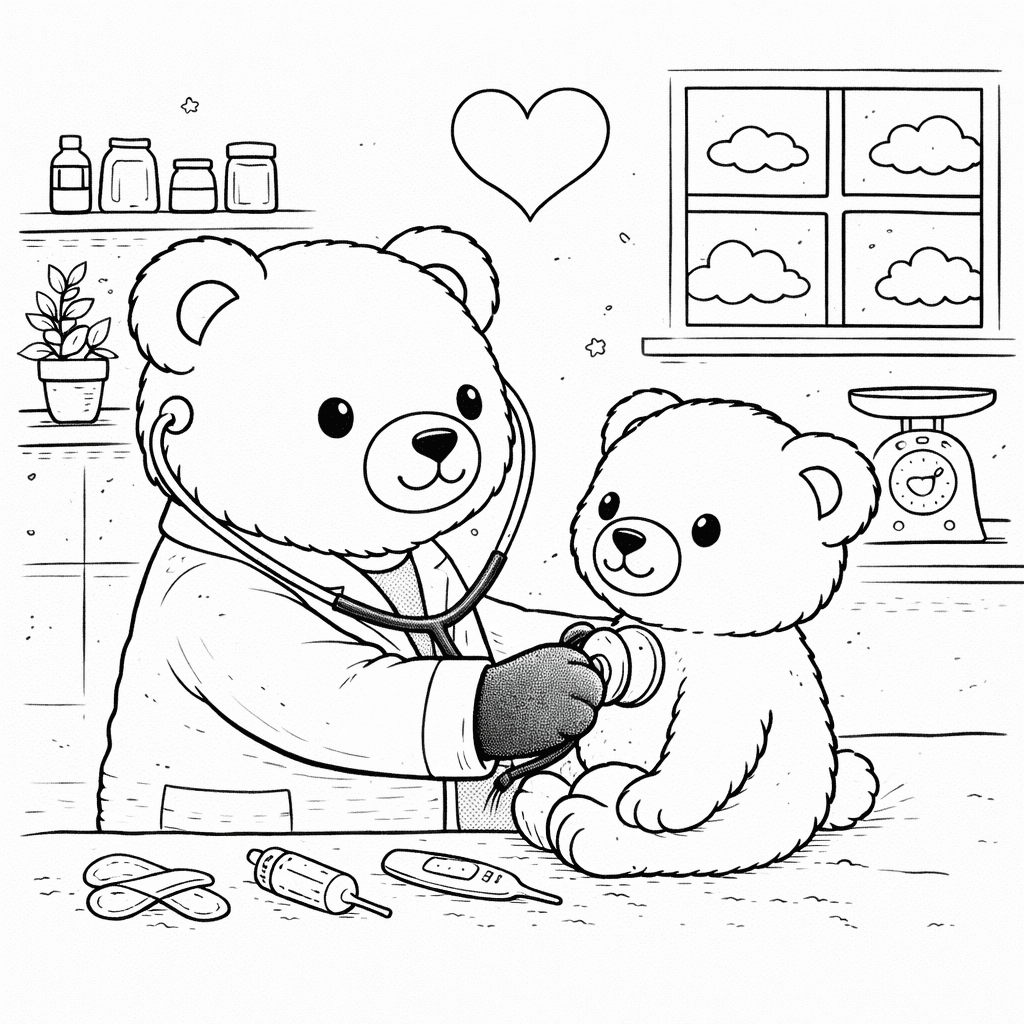 Bärenarztbesuch im Sprechzimmer - Ausmalbild